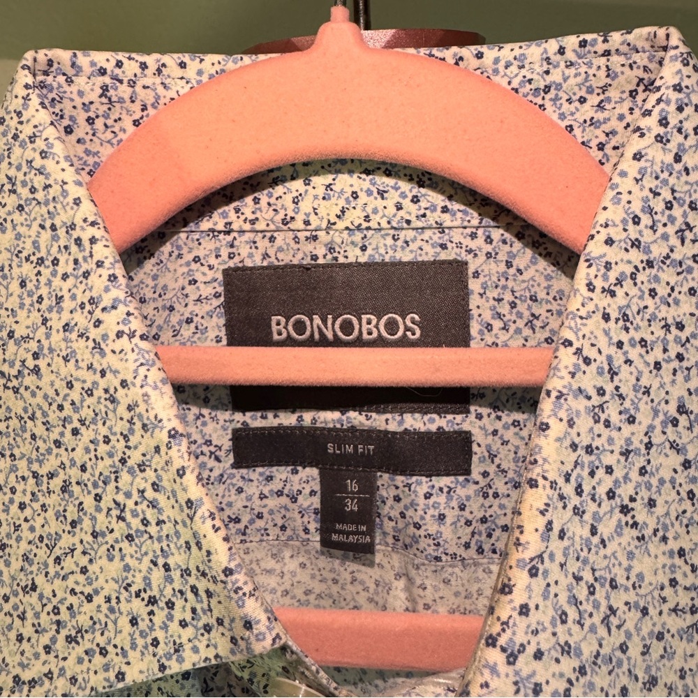 Bonobos Slim Fit Floral Print Dress Shirt Blue/White Men’s 16/34 - Picture 5 of 16